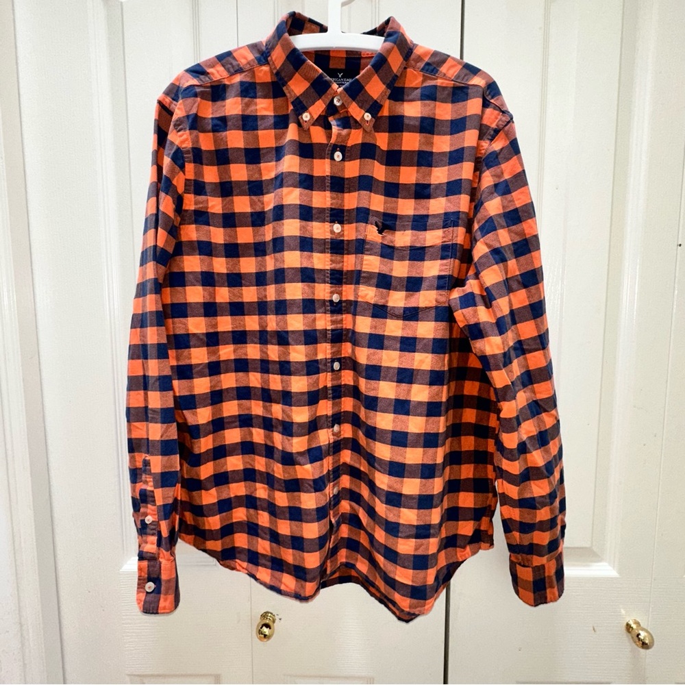 American Eagle Outfitters Orange and Blue Plaid Shirt